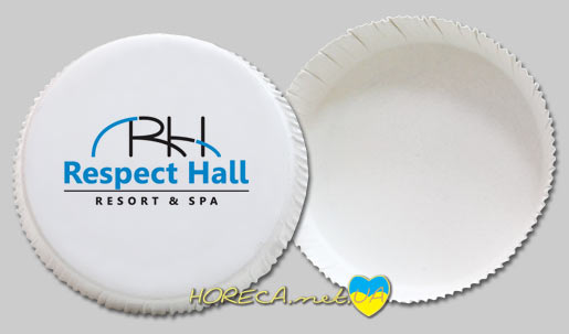 Изготовление брендированных картонных крышек с логотипом для отеля Respect Hall, диаметр - 83 мм, цвета нанесения - черный, голубой, город Ялта