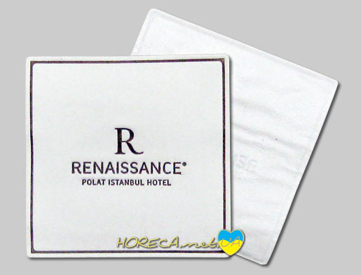 Изготовление подкладок с логотипом под чашку для отеля Renaissance, форма - квадрат, ширина/высота - 80 мм, цвета нанесения - коричневый, нанесение - логотип отеля Renaissance, Стамбул.