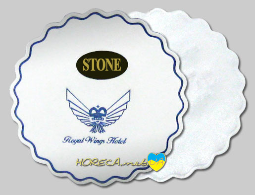 Брендированные подставки под чашку, форма - круг с волнистным контуром, диаметр - 80 мм, цвета нанесения - синий, коричневый, золотой, нанесение - логотип отеля Rouyal Wings Hotel.