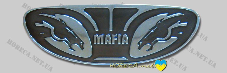 Значок-накладка металлический Mafia, изготовленный методом химического травления, форма - контурная, покрытие никель, город Днепропетровск