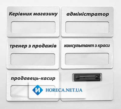 Бейджи со сменным именем металл серебро с пластиковой основой булавка 80х50мм